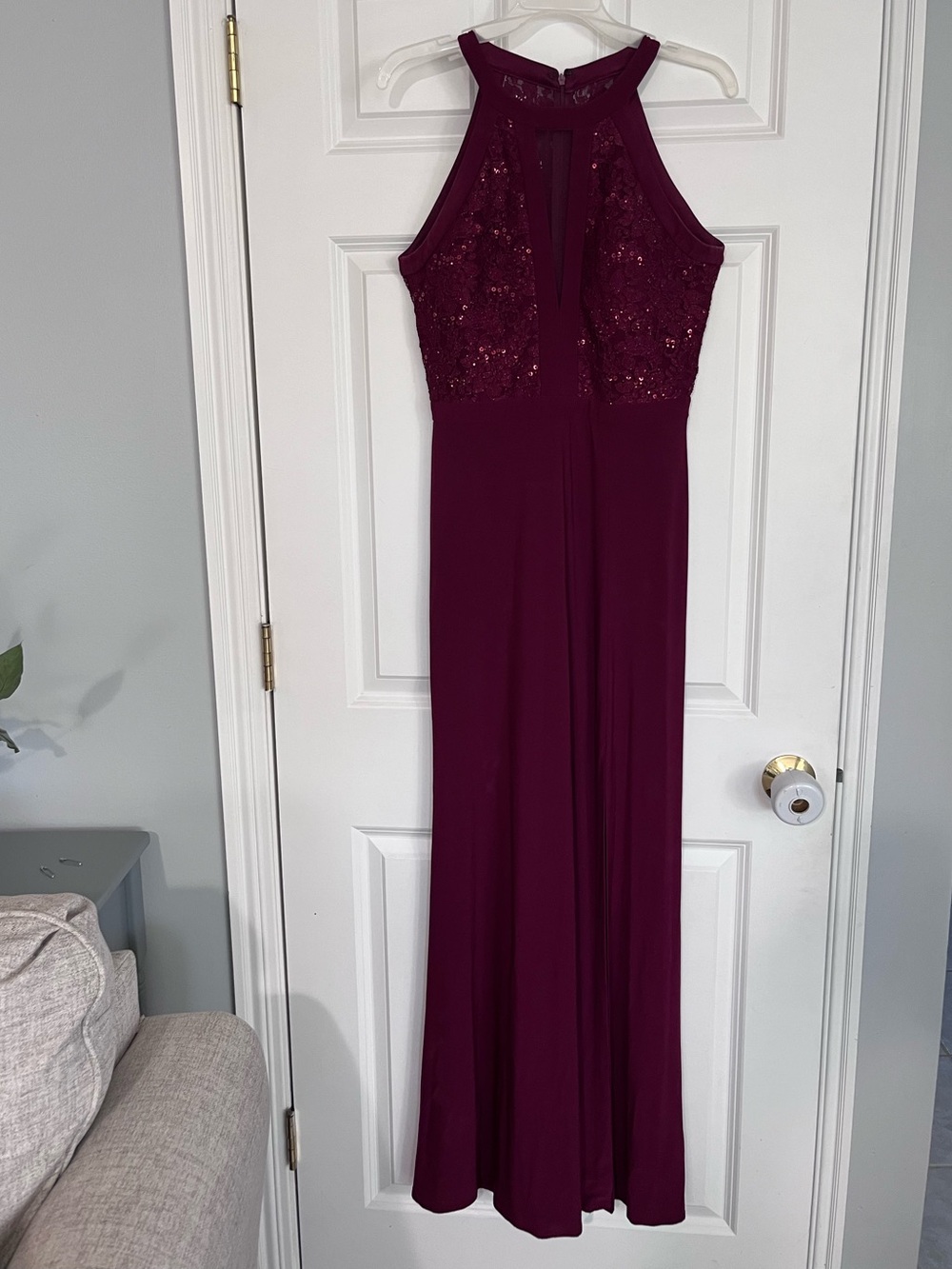 Maroon David’s Bridal floor-length dress, sz 4 (NWT) and sz 6